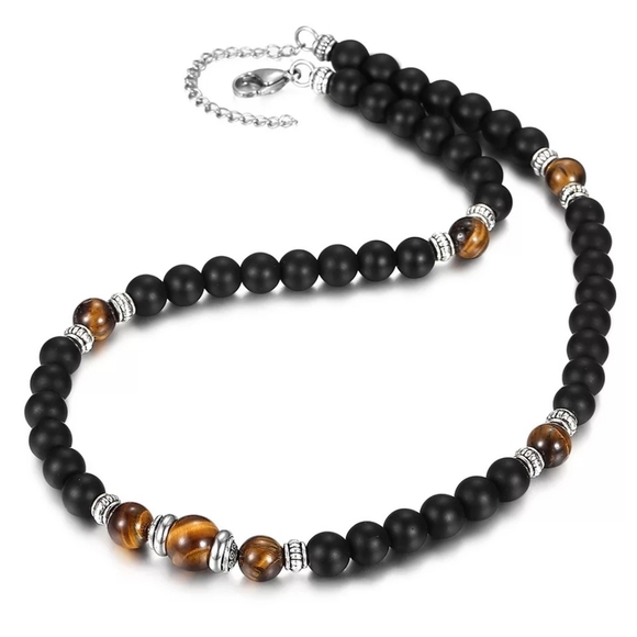 Natural tiger eye and black Stone beaded necklace… - Picture 2 of 5